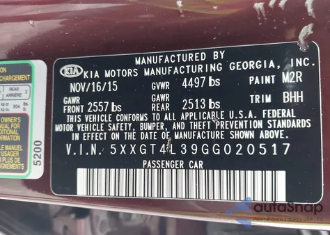 2016 Kia Optima Lx z USA, uszkodzony, nr VIN 5XXGT4L39GG020517